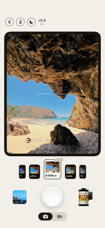 The Elevcam camera: a live film look in the viewfinder, with the film strip below it