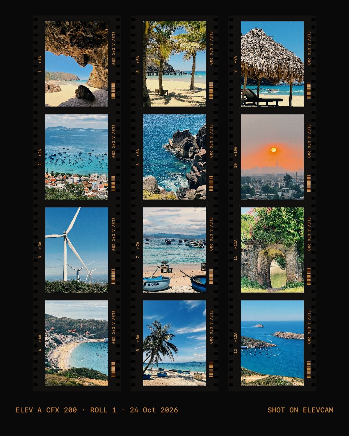 A developed roll as a contact sheet: twelve frames of beaches, harbours and coast on black film strips