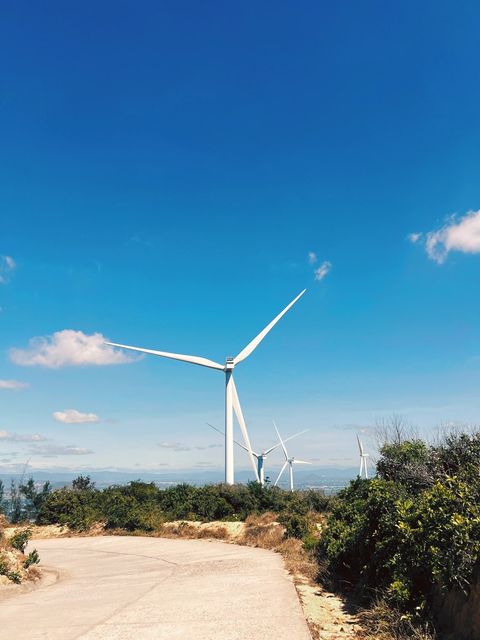 A quiet road curving past wind turbines under a deep blue sky — shot on A CFX