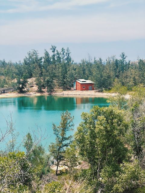 A small red house beside a green lagoon, framed by pine trees — shot on A AFX
