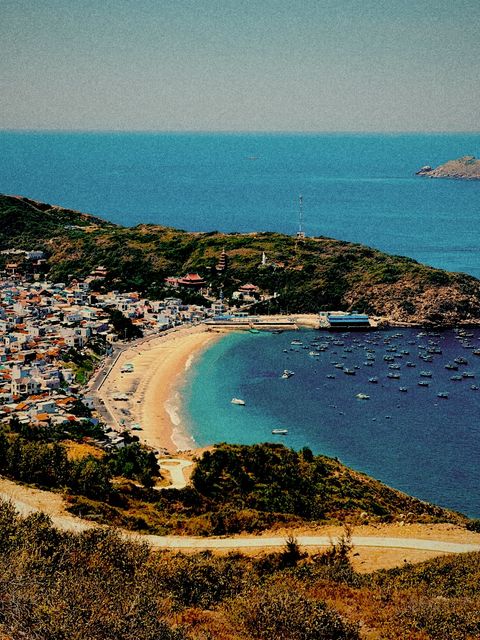 Hilltop view over a fishing village and crescent beach, with visible film grain — shot on ELEV ARCADE