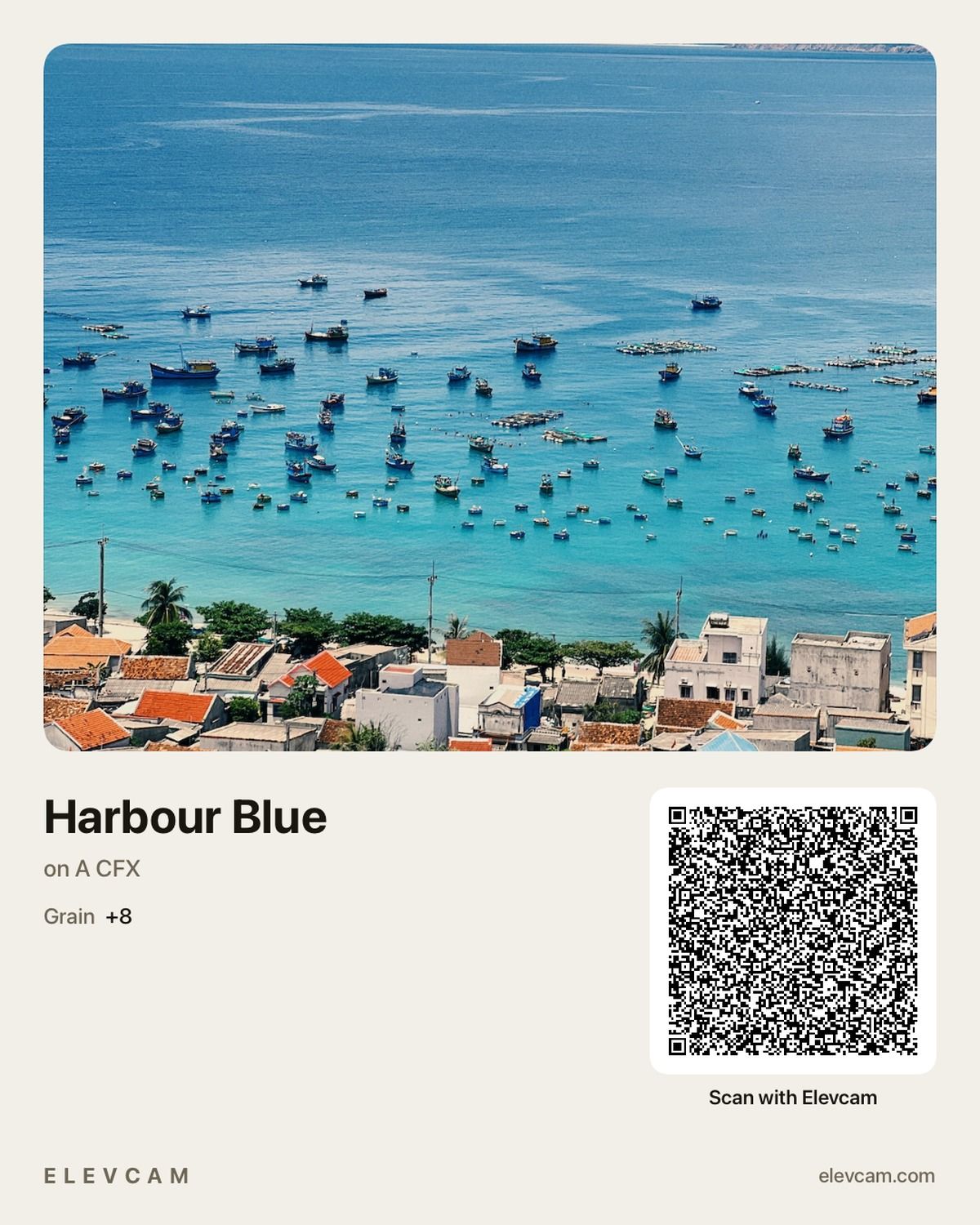 A Recipe Card called Harbour Blue: a photo of boats in a turquoise bay, the look's settings and a QR code to scan with Elevcam