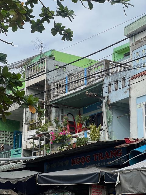 Pastel shophouses with balconies full of potted plants, tangled wires and a leafy branch in front — shot on A HFX