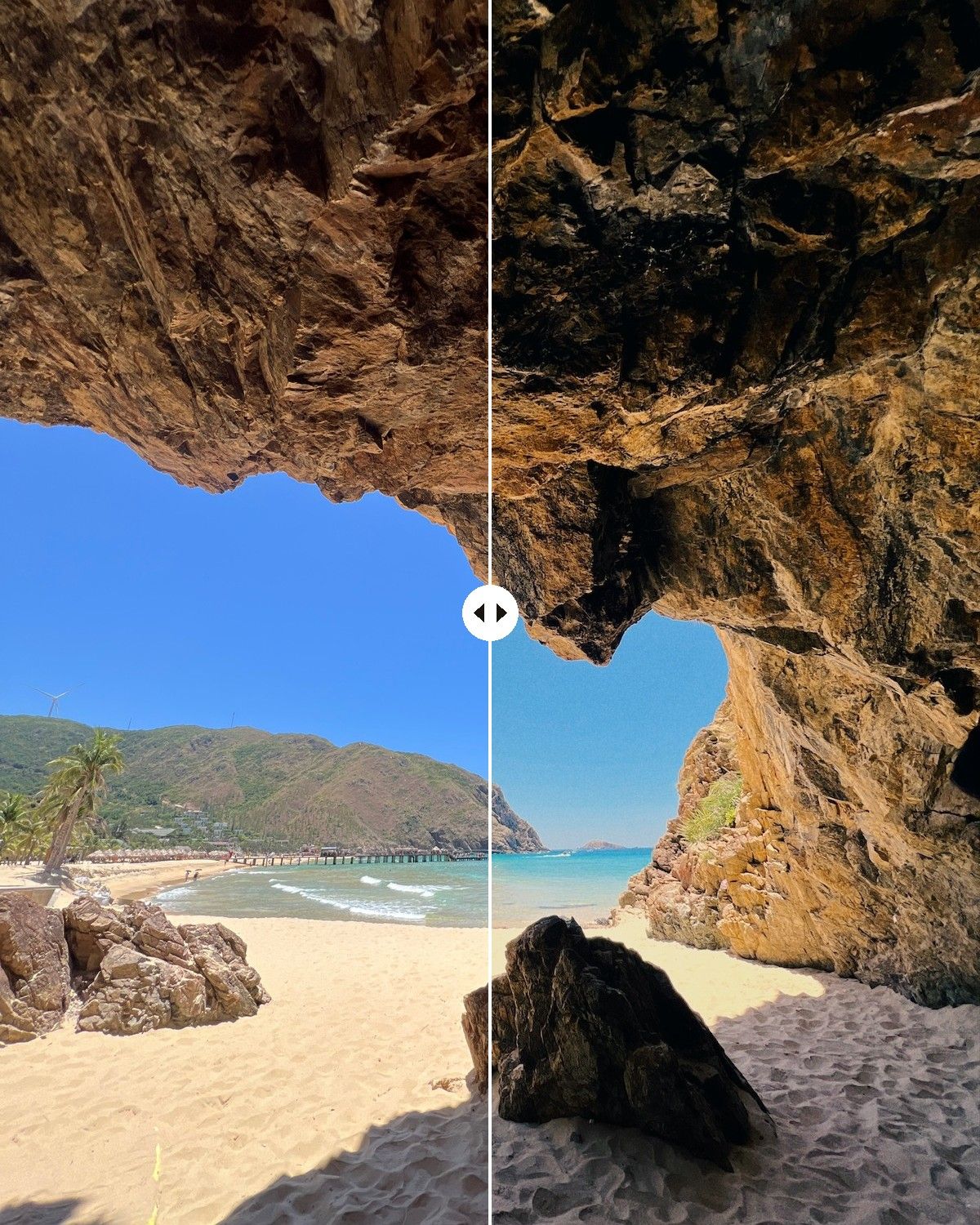 The same sea-cave photo split in two: the original on the left, re-filmed on the right, with a handle to compare