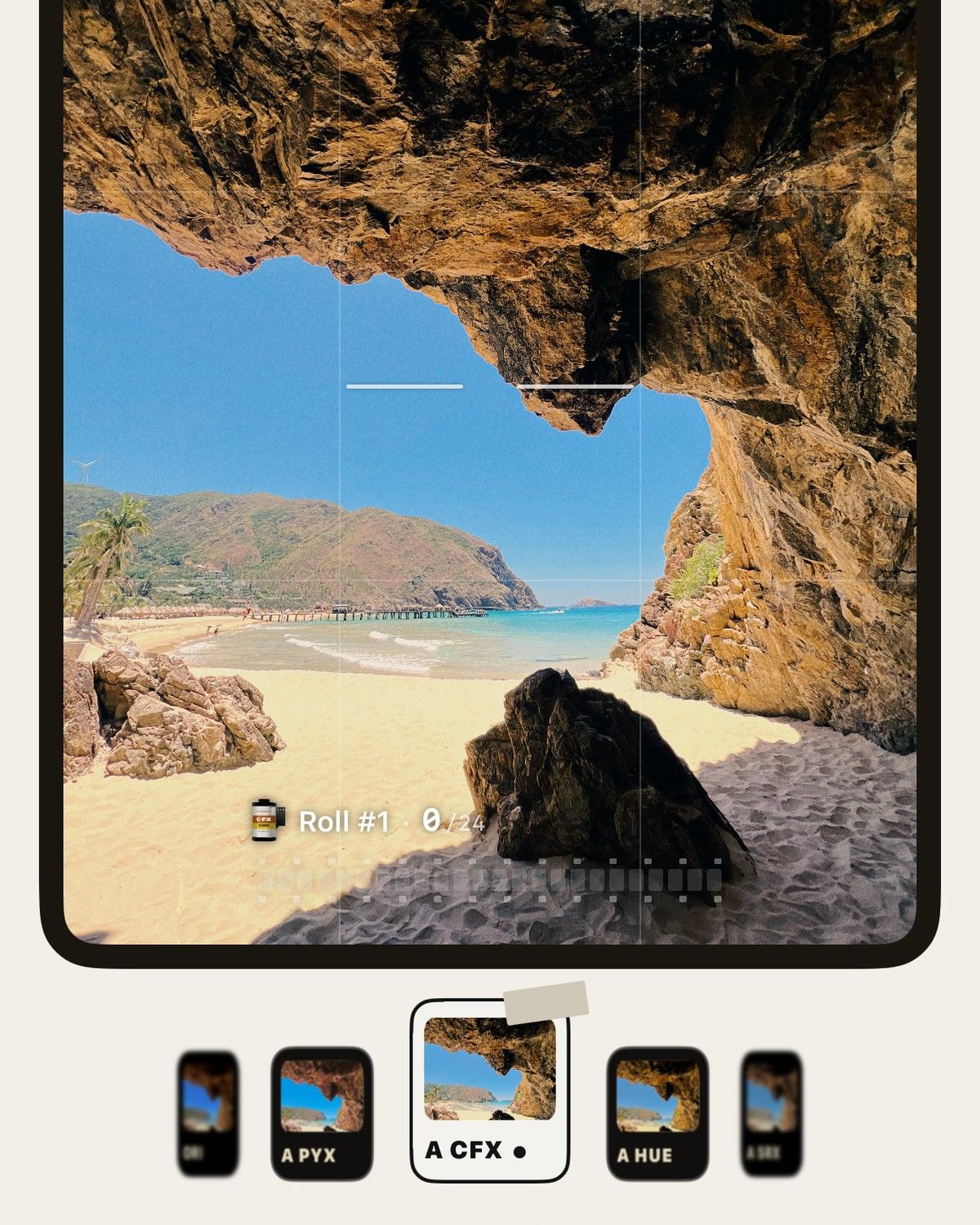 The Elevcam camera: a sea cave seen live through a film, with a strip of films under the viewfinder, each showing the scene in its own colours